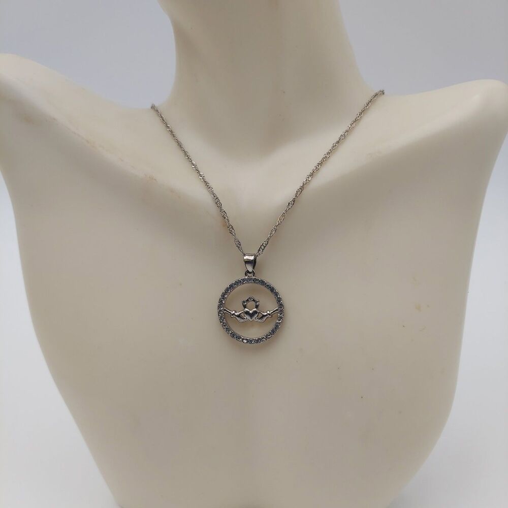 Vintage Hands, Heart, Rhinestones Circle Pendant on Chain 16"